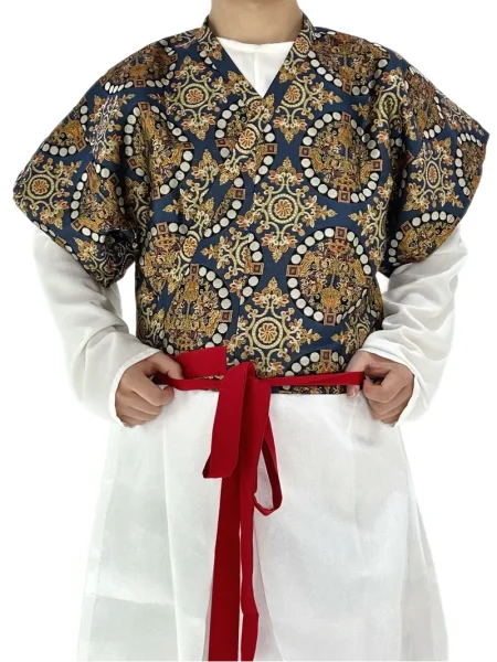 Tang Dynasty Cross-Collar Brocade Half-Sleeve Hanfu Top<span> - </span>Blue A, M