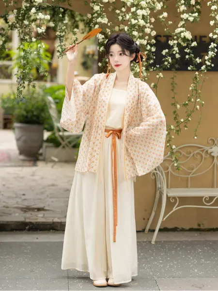 Jin Dynasty Orange Pleated Robe Song Pants Set